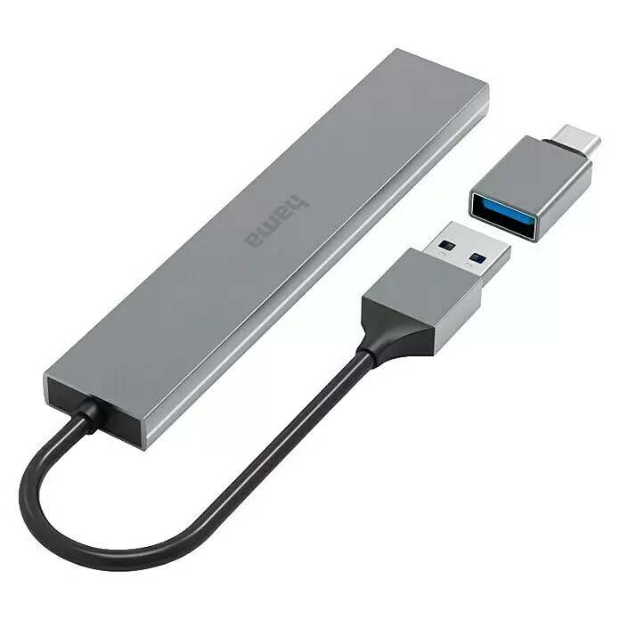 Hama USB-Hub 4 Ports, USB-3.2 Gen 1 - USB A-Stecker, USB C-Stecker, Bis zu 5 Gbit/s - Grauer Hama USB-Hub mit USB-A-Kabel und separatem USB-C-Adapter für vielseitige Konnektivität.