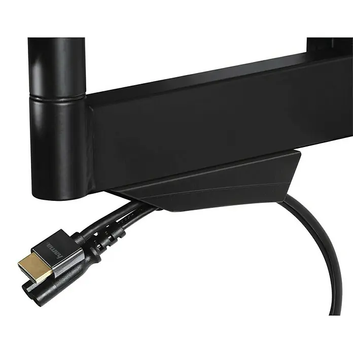 Hama TV-Wandhalterung schwenkbar - Passend für: Bildschirmdiagonale 32 - 65″, 81 - 165 cm, Belastbarkeit: 35 kg, Wandabstand: 5,2 cm - 40,7 cm - Nahaufnahme einer Hama TV-Wandhalterung mit Kabeln, die durch eine Kabelführung geführt werden. Hervorragende Lösung für ein sauberes Kabelmanagement.