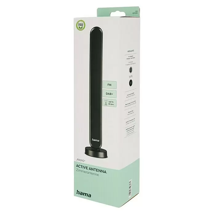Hama Zimmerantenne Radio, aktiv - DAB+, DAB, UKW, Kabellänge: 1,5 m, Koax - Hama Aktivantenne auf weiß-grüner Verpackung, für FM und DAB+ Radio, mit bis zu 15 km Reichweite.