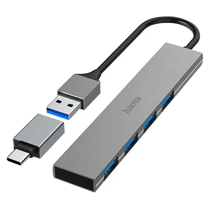 Hama USB-Hub 4 Ports, USB-3.2 Gen 1 - USB A-Stecker, USB C-Stecker, Bis zu 5 Gbit/s - Grauer USB-Hub mit vier blauen Anschlüssen, schwarzem Kabel und abnehmbarem USB-C-Adapter.