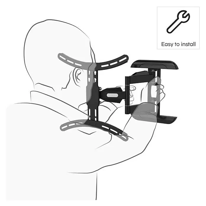 Hama TV-Wandhalterung schwenkbar - Passend für: Bildschirmdiagonale 32 - 65″, 81 - 165 cm, Belastbarkeit: 35 kg, Wandabstand: 5,2 cm - 40,7 cm - Schwarze, gelenkige TV-Wandhalterung, von einer Person gehalten, die ihre Installation veranschaulicht.