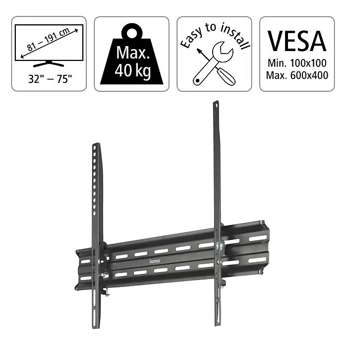 Hama TV-Wandhalterung neigbar - Passend für: Bildschirmdiagonale 32 - 75″, 81 - 191 cm, Belastbarkeit: 40 kg, Wandabstand: 2,8 cm - Schwarze Metall-TV-Wandhalterung für 32-75-Zoll-Bildschirme, max. 40 kg, VESA 100x100 bis 600x400, einfache Montage.