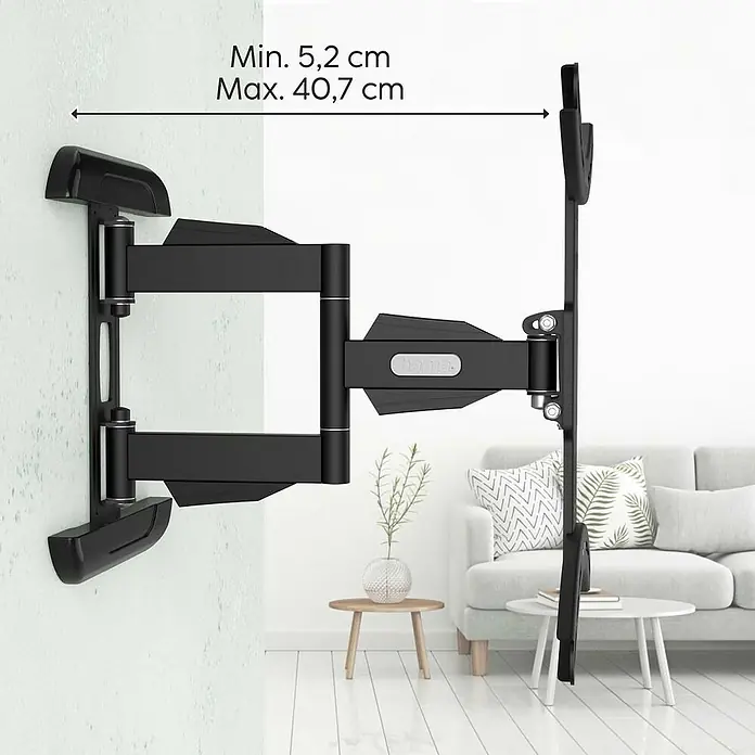 Hama TV-Wandhalterung schwenkbar - Passend für: Bildschirmdiagonale 32 - 65″, 81 - 165 cm, Belastbarkeit: 35 kg, Wandabstand: 5,2 cm - 40,7 cm - Eine verstellbare TV-Wandhalterung in Schwarz ist an einer weißen Wand montiert. Die Halterung ist voll beweglich für optimalen Betrachtungswinkel.