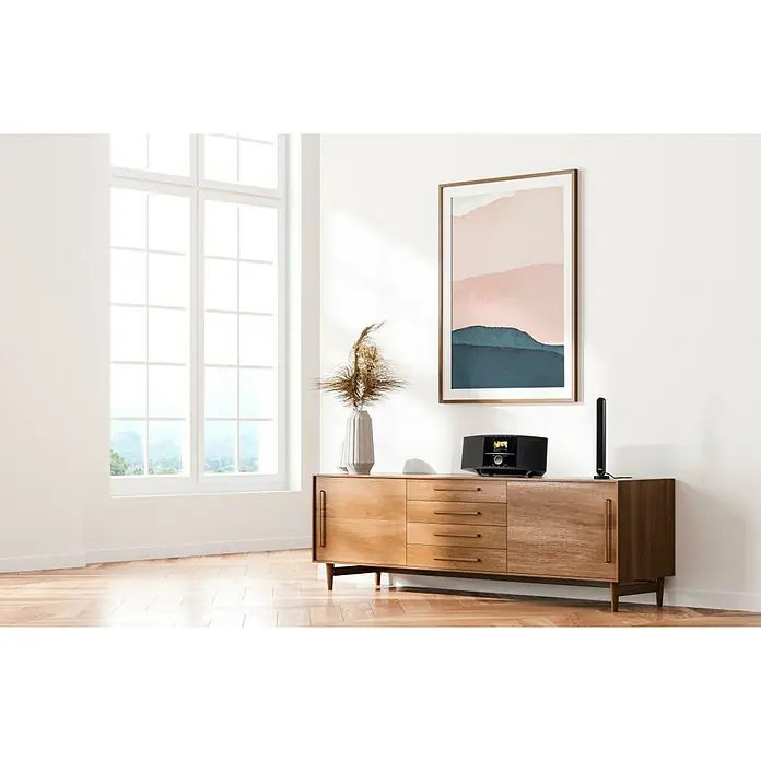 Hama Zimmerantenne Radio, aktiv - DAB+, DAB, UKW, Kabellänge: 1,5 m, Koax - Ein stilvolles Audiosystem auf einem Holzschrank, ergänzt durch moderne Kunst und natürliche Elemente für eine elegante Wohnraumgestaltung.