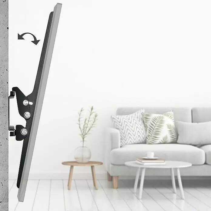 Hama TV-Wandhalterung neigbar - Passend für: Bildschirmdiagonale 32 - 75″, 81 - 191 cm, Belastbarkeit: 40 kg, Wandabstand: 2,8 cm - Schwarze TV-Wandhalterung aus Metall für einen schlanken Fernseher. Ein Pfeil zeigt die verstellbare Neigefunktion.