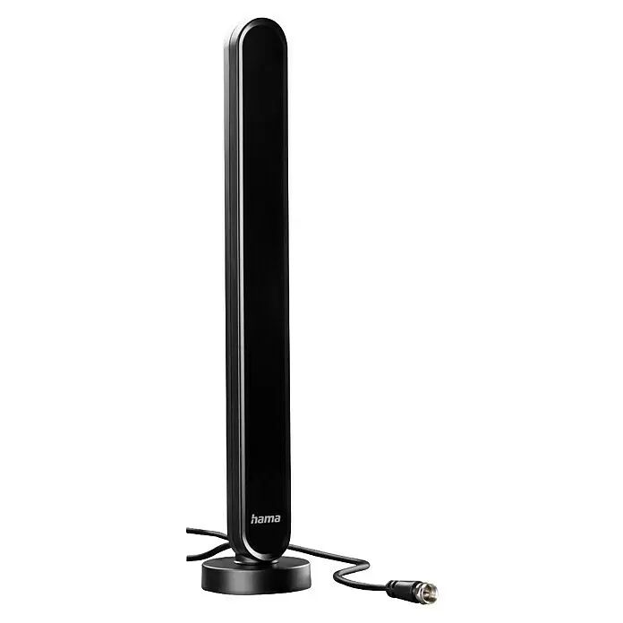 Hama Zimmerantenne Radio, aktiv - DAB+, DAB, UKW, Kabellänge: 1,5 m, Koax - Elegante schwarze vertikale Zimmerantenne mit rundem Standfuß und Koaxialkabel.