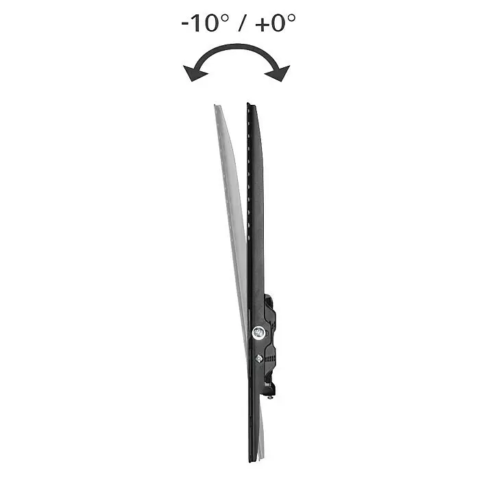 Hama TV-Wandhalterung neigbar - Passend für: Bildschirmdiagonale 32 - 75″, 81 - 191 cm, Belastbarkeit: 40 kg, Wandabstand: 2,8 cm - Seitenansicht einer schwarzen TV-Wandhalterung mit geneigtem Display, zeigt -10° bis +0° Neigungsbereich.