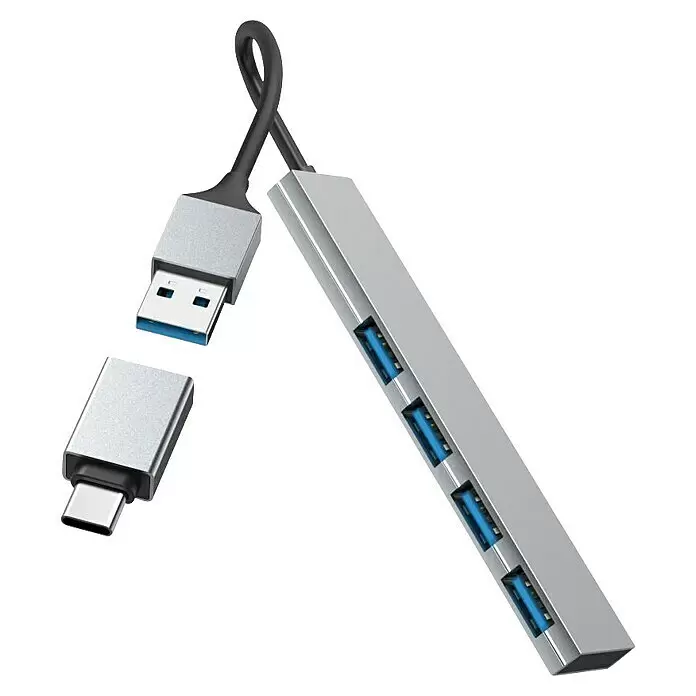 Hama USB-Hub 4 Ports, USB-3.2 Gen 1 - USB A-Stecker, USB C-Stecker, Bis zu 5 Gbit/s - Silberner USB-Hub mit USB-A-Anschluss, USB-C-Adapter und vier blauen USB 3.0-Anschlüssen.