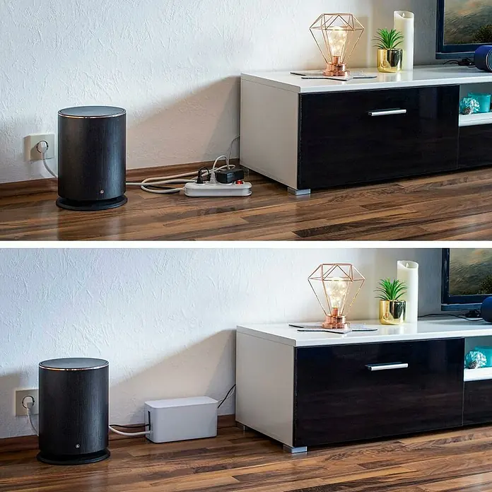 Hama Kabelbox Mini - Weiß - Vorher-Nachher-Ansicht der Verwendung einer Kabelmanagementbox, um Kabel und Steckdosenleisten zu verbergen.