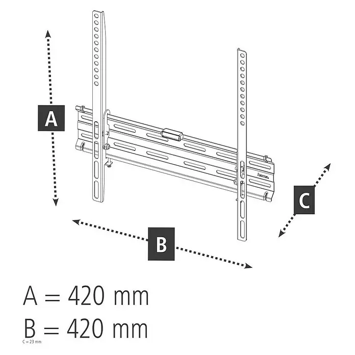 Hama TV-Wandhalterung starr - Passend für: Bildschirmdiagonale 32 - 65″, 81 - 165 cm, Belastbarkeit: 35 kg, Wandabstand: 2,3 cm - Abbildung einer TV-Wandhalterung mit den Maßen A=420 mm, B=420 mm und C=23 mm zur optimalen Anbringung Ihres Fernsehers.