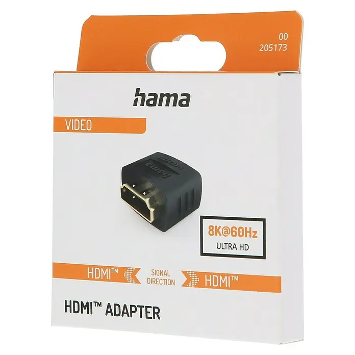 Hama Universal-Fernbedienung für 8 Geräte - Schwarz, 17,5 x 4,5 x 2 cm, Passend für: Bis zu 8 Geräte - Eine Nahaufnahme der Verpackung eines Hama HDMI-Adapters, der 8K-Auflösung bei 60 Hz unterstützt.