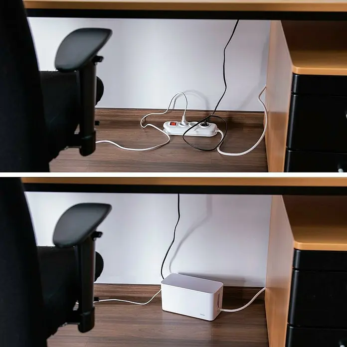 Hama Kabelbox Mini - Weiß - Vorher und nachher: Eine weiße Kabelbox sorgt für Ordnung unter dem Schreibtisch und versteckt Mehrfachsteckdose und Kabel.