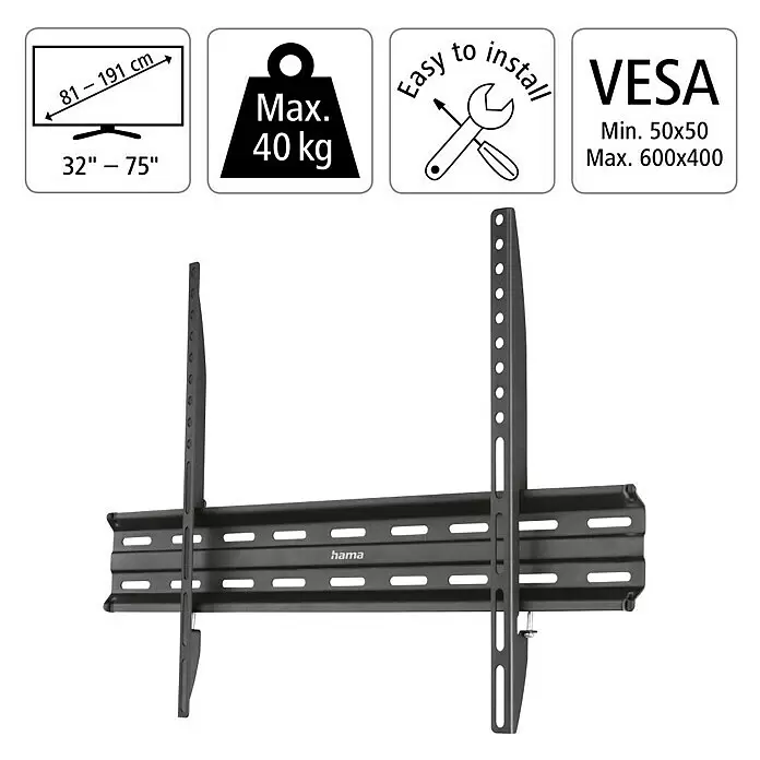 Hama TV-Wandhalterung starr - Passend für: Bildschirmdiagonale 32 - 75″, 81 - 191 cm, Belastbarkeit: 40 kg, Wandabstand: 2,3 cm - Schwarze TV-Wandhalterung aus Metall für 32-75 Zoll Bildschirme, max. 40 kg. Unterstützt VESA 50x50 bis 600x400.