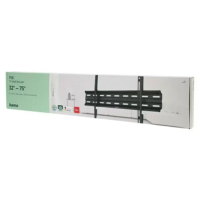 Hama TV-Wandhalterung starr - Passend für: Bildschirmdiagonale 32 - 75″, 81 - 191 cm, Belastbarkeit: 40 kg, Wandabstand: 2,3 cm - Verpackung der Hama FIX TV-Wandhalterung, zeigt eine schwarze Metallhalterung und Produktdetails.