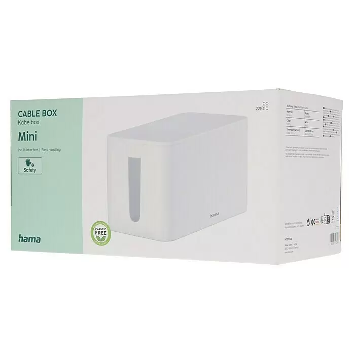 Hama Kabelbox Mini - Weiß - Weiße Hama Kabelbox Mini Verpackung, die einen weißen Kabelorganizer aus Kunststoff für ordentliches Kabelmanagement zeigt.