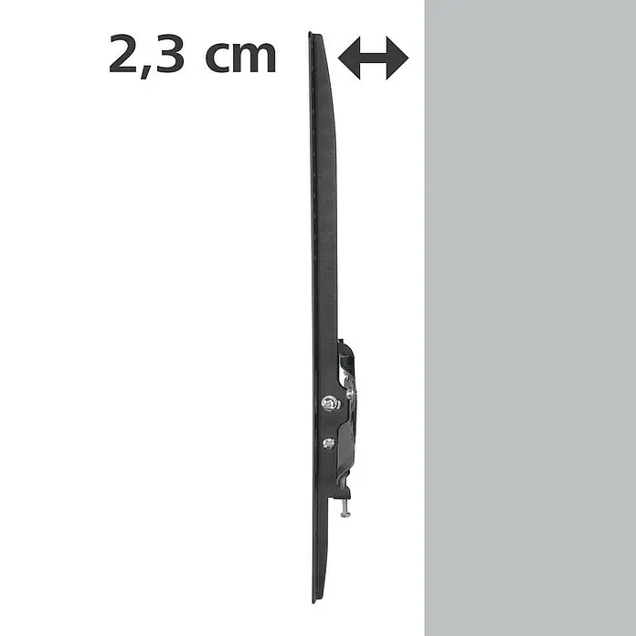 Hama TV-Wandhalterung starr - Passend für: Bildschirmdiagonale 32 - 65″, 81 - 165 cm, Belastbarkeit: 35 kg, Wandabstand: 2,3 cm - Seitenansicht einer flachen TV-Wandhalterung mit einer Tiefe von 2,3 cm und einem Pfeil, der die Bewegung nach rechts und links anzeigt.