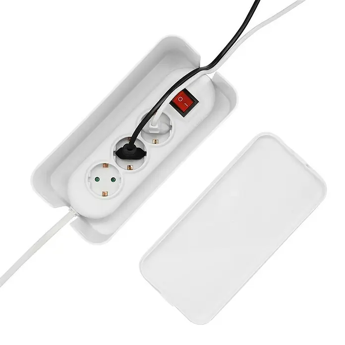 Hama Kabelbox Mini - Weiß - Steckdosenleiste mit rotem Schalter in einem weißen Gehäuse mit Deckel für zusätzlichen Schutz und mehr Sicherheit.