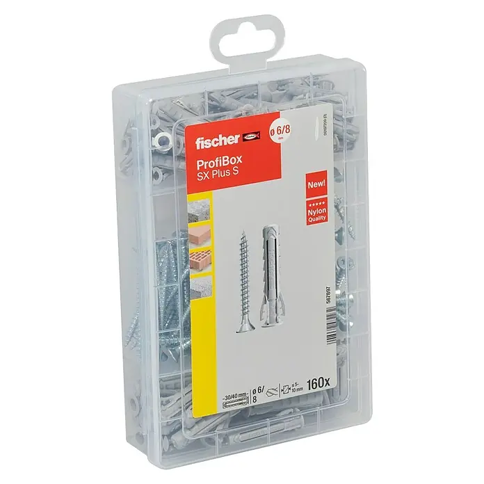 Fischer Dübel- & Schraubenbox SX Plus S - 160 -tlg. - Die Fischer ProfiBox SX Plus S mit 160 Dübeln und Schrauben, ideal für Befestigungen in verschiedenen Materialien, bietet Nylon Qualität.