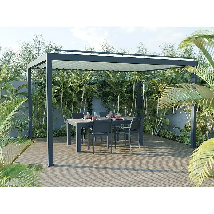 Wismar-NFI Pergola Easy Up - Grau-Weiß, 350 x 359,6 x 257 cm, Aluminium - Elegante Pergola mit verstellbaren Lamellen für optimalen Sonnenschutz. Die stilvolle Terrassenüberdachung bietet einen komfortablen Außenbereich.