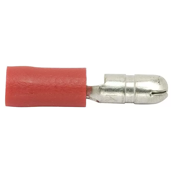 SWG Rundstecker teilisoliert - 0,5 mm² - 1 mm², Rot - Roter isolierter männlicher Rundstecker mit silbernem Metallende.