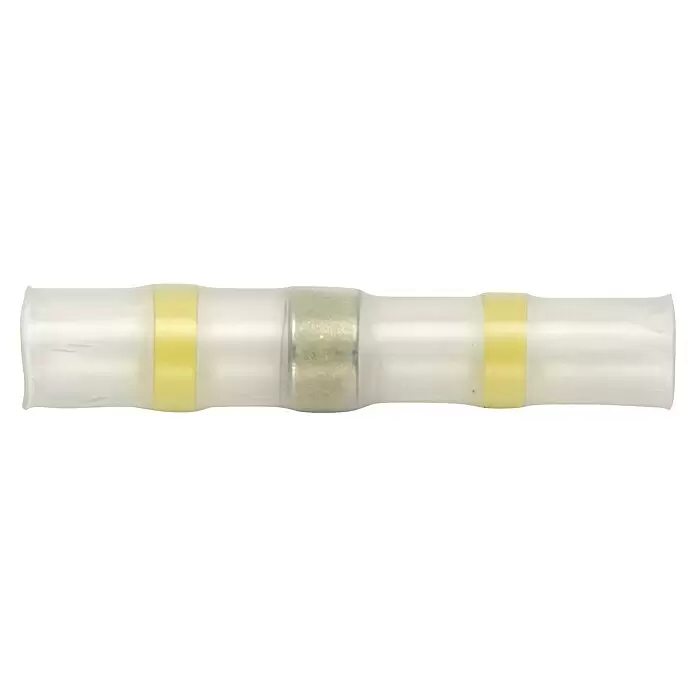 SWG Stoßverbinder - Querschnitt: 4 mm² - 6 mm², 2 Stk. - Durchsichtiger Schrumpfschlauch-Lötverbinder mit gelben Bändern und silbernem Lötzinn für sichere Kabelverbindungen.