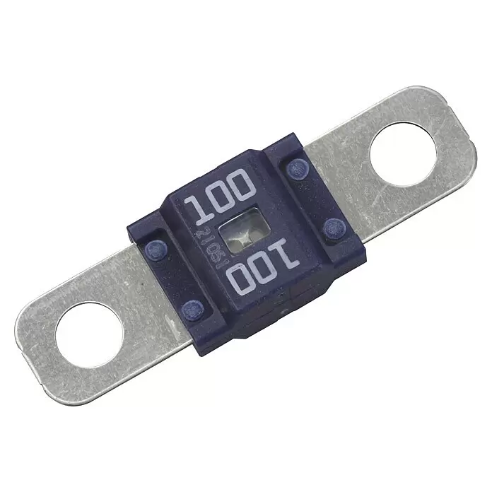 SWG Schraubsicherung BF 1 - L x B: 41 x 12 mm, 58 V, 50 A - Dunkelblaue 100A ANL-Sicherung mit silbernen Metallanschlüssen zum Hochstromschutz.