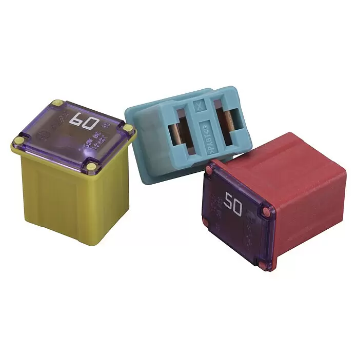 SWG Blocksicherung Typ J - Low Profile - L x B x H: 14,1 x 12 x 15,9 mm, 0 V - 32 V, Stromstärke: 40 A - Drei mehrfarbige KFZ-Sicherungen (gelb 60A, rot 50A, hellblau) mit Kunststoffgehäusen und Kupferkontakten.