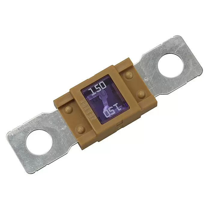 SWG Schraubsicherung BF 2 - L x B: 68 x 18,3 mm, 32 V, 80 A - Braune 150A-Bolzensicherung mit lila transparentem Fenster und silbernen Metallanschlüssen.