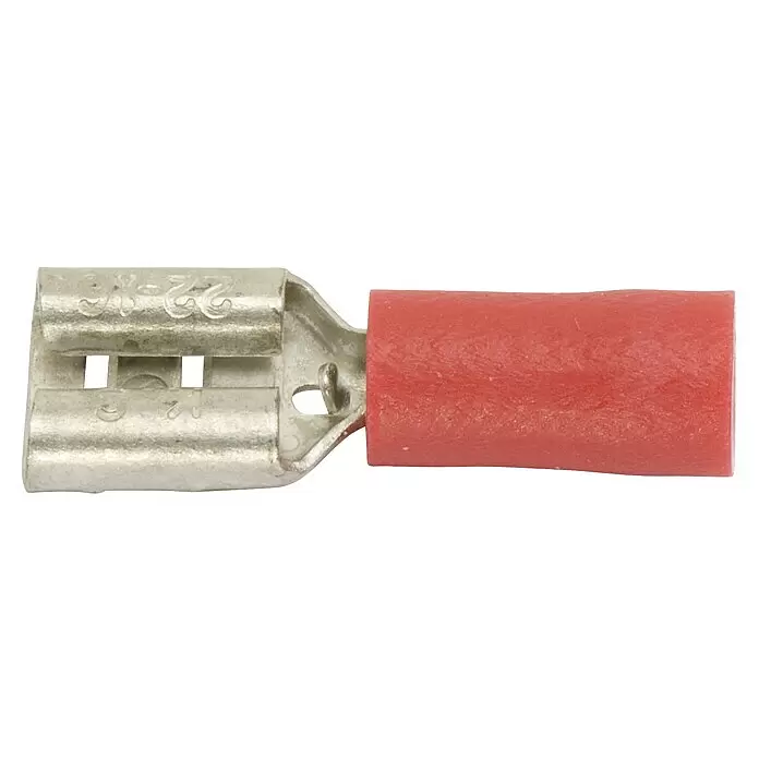 Flachsteckhülsen teilisoliert - Breite: 6,3 mm, 0,5 mm² - 1,5 mm², Rot, 7 Stk. - Rot isolierter elektrischer Crimpverbinder mit silbernem Metallanschluss. Beschriftet 22-16 AWG.