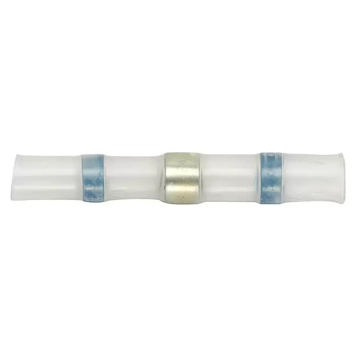 SWG Stoßverbinder - Querschnitt: 2 mm² - 4 mm², 2 Stk. - Transparent-weißer Schrumpfstoßverbinder mit zentralem Silberring und zwei blauen Bändern für sichere Drahtverbindungen.