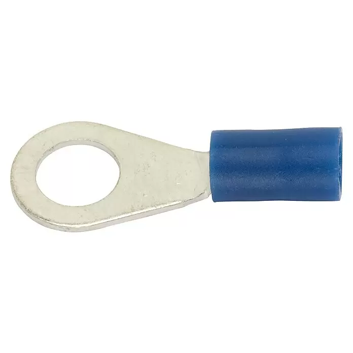 SWG Ring-Kabelschuhe teilisoliert - 1,5 mm² - 2,5 mm², 5 Stk. - Silberfarbener Ringkabelschuh mit blau isoliertem Schaft für elektrische Verbindungen.