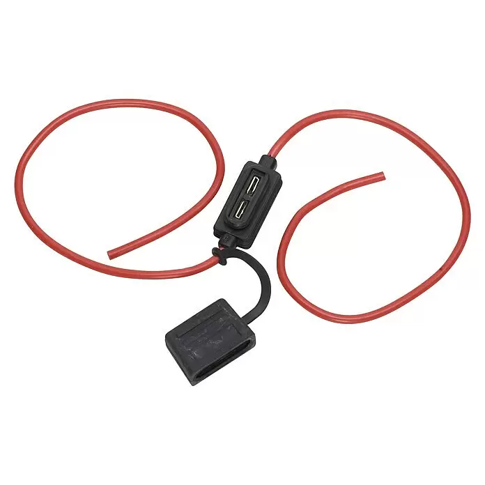 SWG Sicherungshalter für Flachstecksicherungen, mit Kabel - Stromstärke: 25 A - Rotes Elektrokabel mit schwarzem Flachsicherungshalter und Schutzkappe.