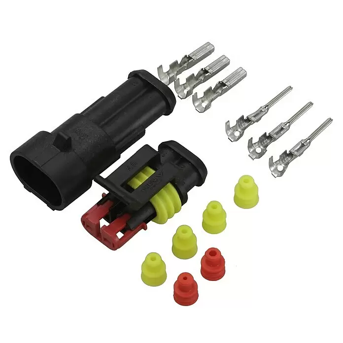 SWG Steckverbinder Set Superseal 2x1.5mm² - Breite: 19,8 mm, 14 -tlg. - Unmontiertes schwarzes Kunststoff-Steckverbinder-Set mit Metallkontakten und gelben/roten Dichtungen.