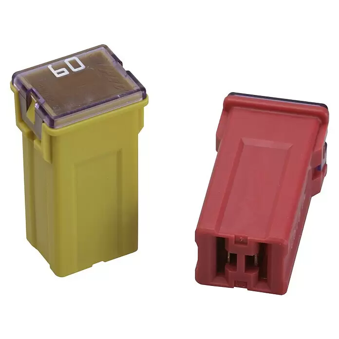 SWG Blocksicherung Typ J - L x B x H: 12 x 14,1 x 27,2 mm, 0 V - 32 V, 20 A - Zwei Kfz-Flachsicherungen: eine gelbe 60A und eine rote, zum Schutz elektrischer Schaltkreise.