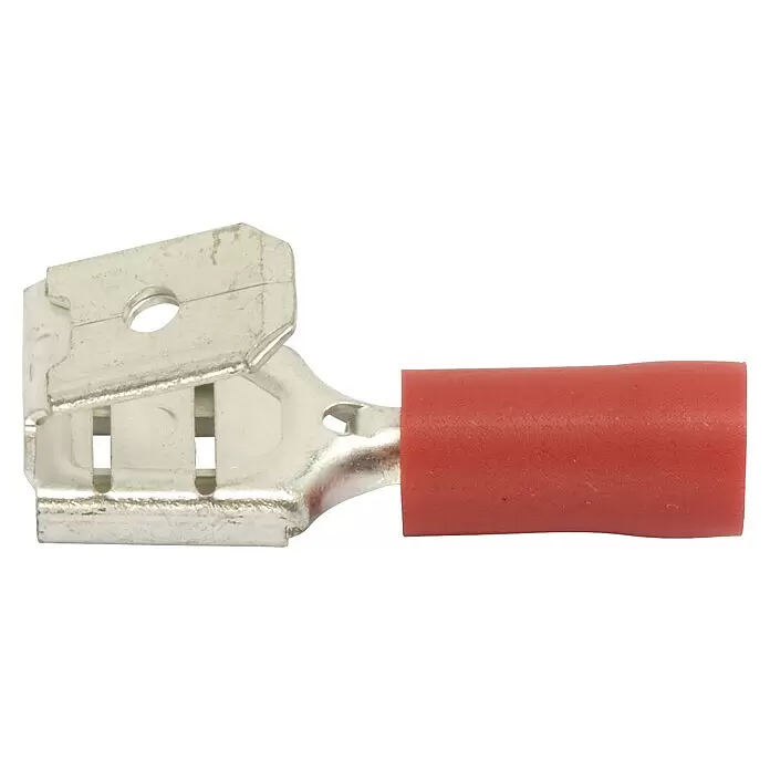 Flachsteckhülsen Steckverteiler teilisoliert - Breite: 6,3 mm, 0,5 mm² - 1,5 mm², Rot - Roter isolierter Flachstecker für elektrische Verdrahtung.