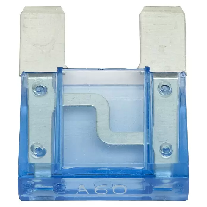 SWG Flachstecksicherungen Maxi - L x B: 31 x 22 mm, 50 A - Blaue 60A Kfz-Stecksicherung mit silbernen Metallkontakten.