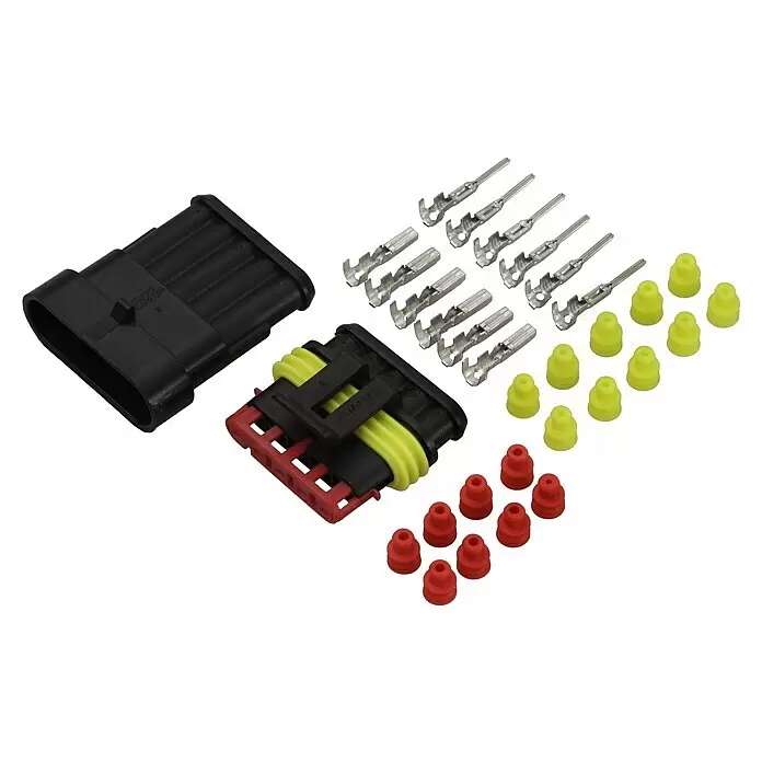 SWG Steckverbinder Set Superseal 5x1,5mm² - Breite: 37,8 mm, 32 -tlg. - Schwarzes Elektroverbindersatz mit silbernen Klemmen, gelben und roten Kabeldichtungen und einem roten Sekundärverschluss.
