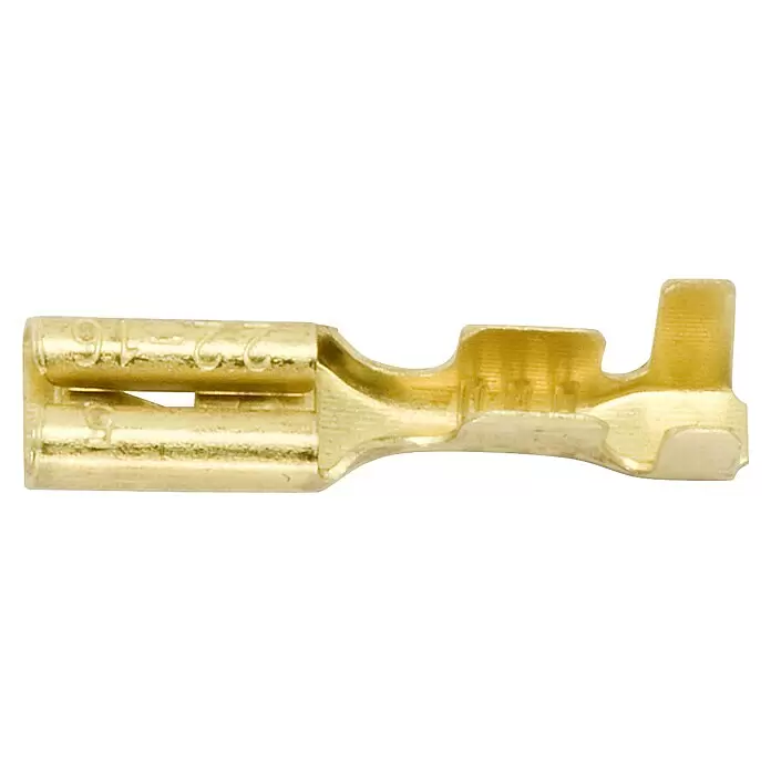 Flachsteckhülsen mit Rastnase unisoliert - Breite: 2,8 mm, 0,5 mm² - 1 mm², 6 Stk. - Goldfarbene Messing-Faston-Kabelklemme.