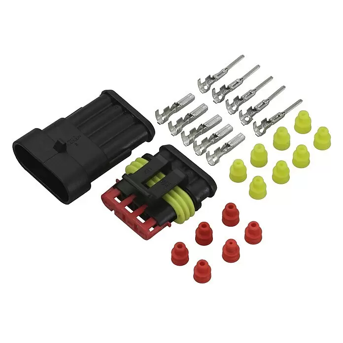 SWG Steckverbinder Set Superseal 4x1,5mm - Breite: 31,8 mm, 26 -tlg. - Zerlegtes schwarzes elektrisches Steckerset mit Metallkontakten sowie gelben und roten Gummidichtungen für Kabelverbindungen.