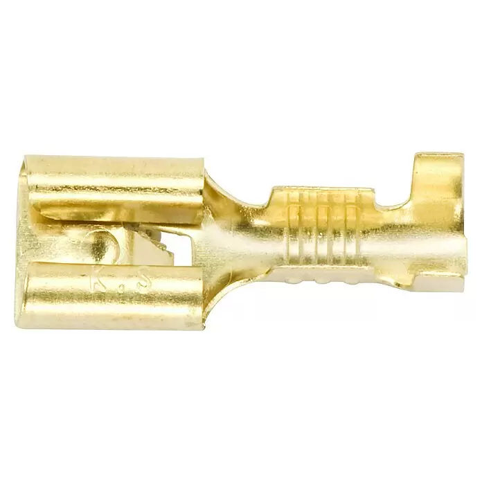 Flachsteckhülsen mit Rastnase unisoliert - Breite: 6,3 mm, 1,5 mm² - 2,5 mm², 6 Stk. - Goldfarbener Flachsteckverbinder (Buchse) zum Crimpen für elektrische Verbindungen.
