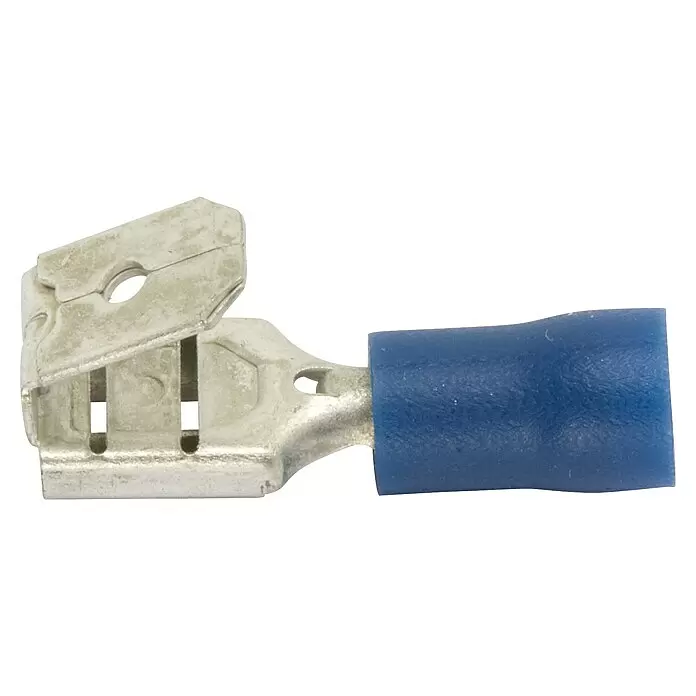 Flachsteckhülsen Steckverteiler teilisoliert - Breite: 6,3 mm, 1,5 mm² - 2,5 mm², Blau - Blau isolierter Flachstecker (weiblich) für elektrische Verkabelung.