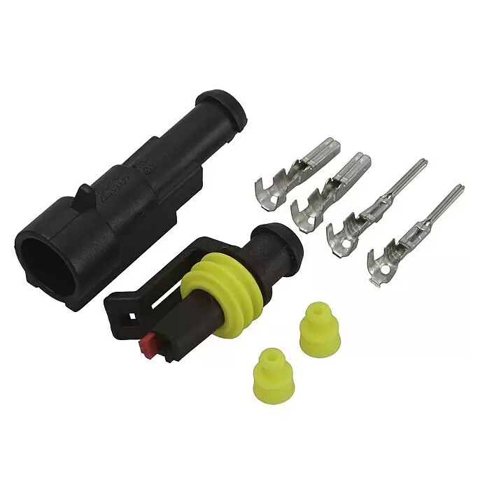 SWG Steckverbinder Set Superseal 1x1,5mm² - Breite: 13,8 mm, 8 -tlg. - Schwarzes wasserdichtes Elektroverbindungsset mit Gehäusen, Metall-Crimpkontakten und gelben Gummidichtungen für sichere Verkabelung.