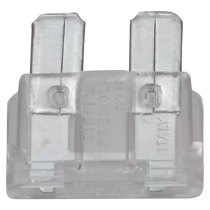 SWG Flachstecksicherungen Standard - L x B: 19,3 x 12 mm, 25 A, 5 Stk. - Transparente Flachsicherung mit zwei Metallkontakten, beschriftet mit 'BIEFFE PRENOLI 32V' und 'ITALY'.