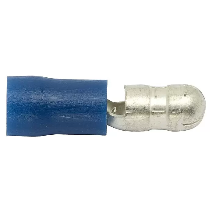 SWG Rundstecker teilisoliert - 1,5 mm² - 2,5 mm², Blau - Blau isolierter elektrischer Crimpverbinder mit silbernem Metallanschluss.