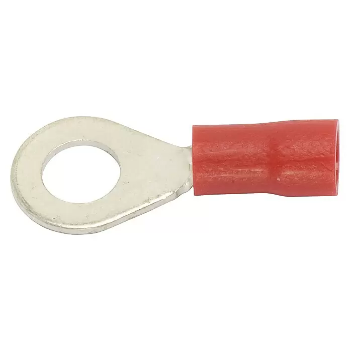 SWG Ring-Kabelschuhe teilisoliert - 0,5 mm² - 1,5 mm², 7 Stk. - Rot isolierter Ringkabelschuh aus silbernem Metall für elektrische Verbindungen.