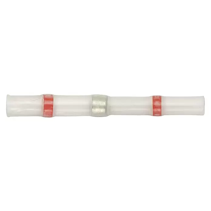 SWG Stoßverbinder - Querschnitt: 0,8 mm² - 2 mm², 2 Stk. - Klarer Schrumpfschlauch-Lötverbinder mit einem silbernen Lötring und roten Dichtungsbändern an den Enden.