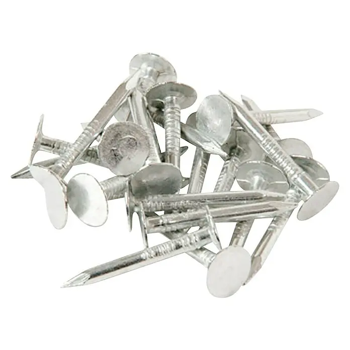 Clavo - Ø x L: 9 x 25 mm, Acero - Esta imagen muestra un primer plano de una pila de clavos para techos galvanizados, que cuentan con cabezas planas grandes y vástagos anillados.