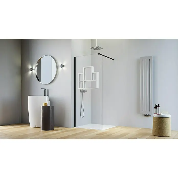 Camargue Vario Duschwand B6-REG1-02WB x H: 80 x 191,5 cm, Beschichtet, Schwarz/Weiß - Modernes Badezimmer mit ebenerdiger Dusche, Waschtisch und minimalistischem Design. Die klaren Linien schaffen eine entspannende Atmosphäre.
