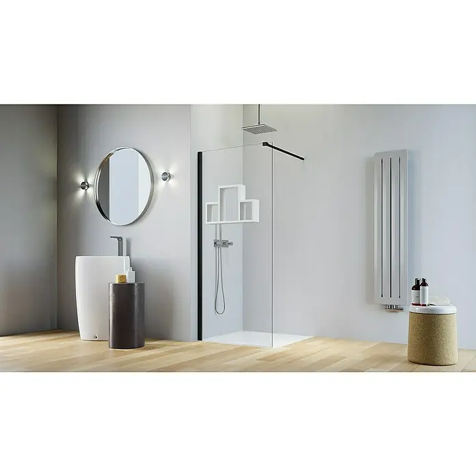 Camargue Vario Duschwand B8-REG1-01W - B x H: 100 x 191,5 cm, Beschichtet, Schwarz/Weiß - Dieses Badezimmerdesign zeigt eine moderne Duschkabine aus Glas mit minimalistischer Einrichtung, ergänzt durch einen stilvollen Waschtischbereich.