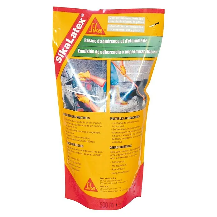 Sika Aglomerante látex - 500 ml, Apto para: Mortero - Imagen de una bolsa de SikaLatex, una resina de adherencia e impermeabilización para diversos usos en construcción, con ejemplos.